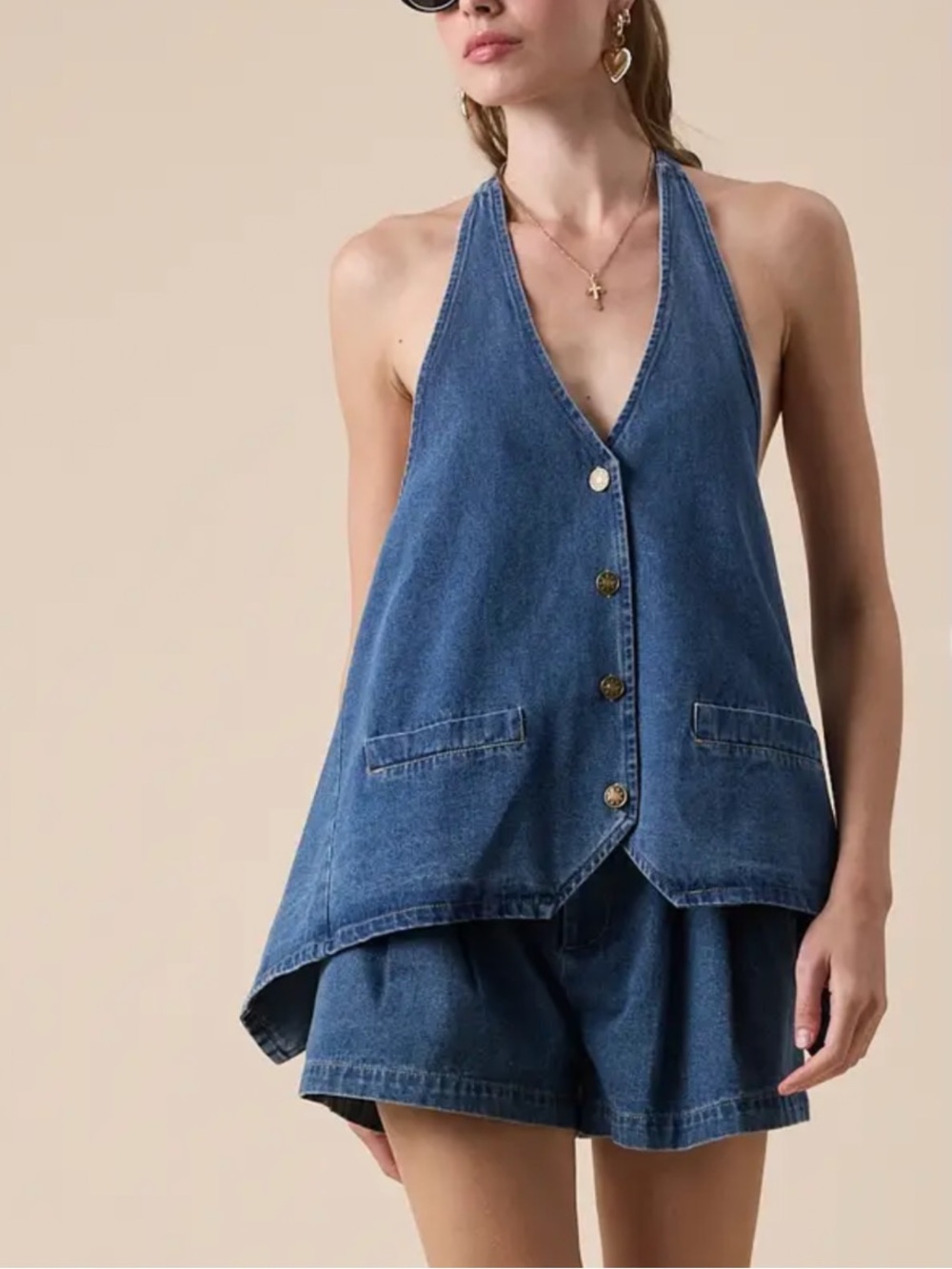 Sleeveless Blue Denim Halter Tank Top